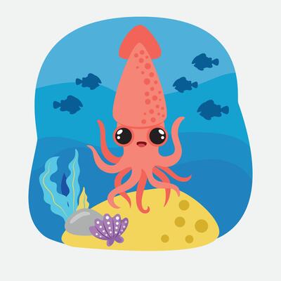 Figure squid. Insulated squid on a white background, sea bottom. Color illustration in the style of cartoon. Seafloor with algae, shells and corals