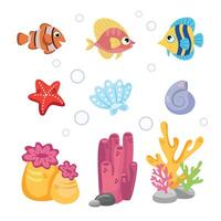 Marine set, anemones, algae and coral in a simple cartoon style. Color graphics for books and posters. children guides vector