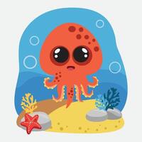 Octopus. Isolated octopus on a white background, sea bottom. Color illustration in the style of cartoon. Sea bottom with algae, shells and corals vector