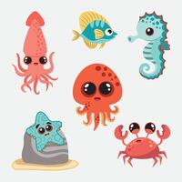 conjunto de marina animales destacado en blanco. pulpo, pez, calamar y cangrejo, caballo de mar y estrella de mar. ilustración en el estilo de dibujos animados. vector