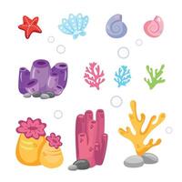 Marine set, anemones, algae and coral in a simple cartoon style. Color graphics for books and posters. children guides vector