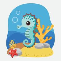 seahorse. Isolated octopus on a white background, sea bottom. Color illustration in the style of cartoon. Sea bottom with algae, shells and corals vector