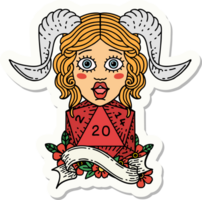 sticker of a tiefling with natural twenty dice roll png