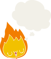 cartoon flame with face with thought bubble in retro style png