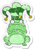 retro distressed sticker of a cartoon nervous frog wearing jester hat png