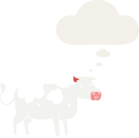 cartoon cow with thought bubble in retro style png