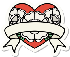 adesivo de tatuagem em estilo tradicional de um coração e banner com flores png