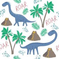 Cute seamless background with dinosaurs, volcanoes, palm trees. vector