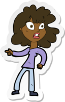 sticker of a cartoon worried woman pointing png