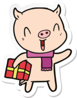 sticker of a happy cartoon pig with xmas present png