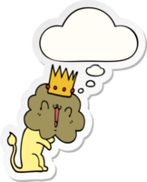 cartoon lion with crown with thought bubble as a printed sticker png