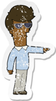 retro distressed sticker of a cartoon man in glasses pointing png