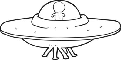 hand drawn black and white cartoon alien flying saucer png