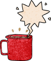 cartoon camping cup of coffee with speech bubble in retro texture style png