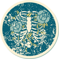 iconic distressed sticker tattoo style image of a rib cage and flowers png