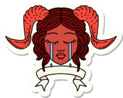 sticker of a crying tiefling character face with scroll banner png