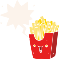 cute cartoon box of fries with speech bubble in retro style png