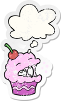 cartoon cupcake with thought bubble as a distressed worn sticker png