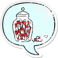 cartoon traditional candy sticks in jar with speech bubble distressed distressed old sticker png