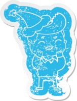 quirky cartoon distressed sticker of a man laughing wearing santa hat png