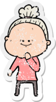 distressed sticker of a cartoon happy old woman png