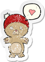 retro distressed sticker of a cartoon bear in hat png