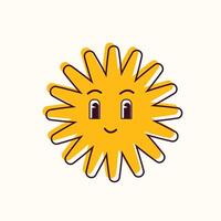 Yellow happy sunwith face. Isolated groovy . Cute design graphic element. vector