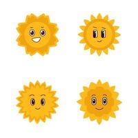 Set yellow happy sun with face. Isolated groovy. Cute comic mascot symbols. Design graphic elements. vector