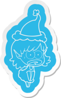 quirky cartoon  sticker of a shocked elf girl wearing santa hat png