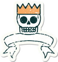 worn old sticker with banner of a skull and crown png