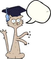 hand- getrokken grappig boek toespraak bubbel tekenfilm kat krabben met diploma uitreiking pet png