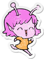 distressed sticker of a cartoon alien girl laughing png