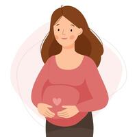 Happy pregnant woman hugs her belly. Healthy happy pregnancy. vector