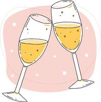 Two glasses of champagne on a pink background, a toast. Christmas, anniversary or wedding celebration. Doodle hand drawn illustration. vector