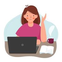 Online education. School girl or student studying online with laptop and notebook. vector