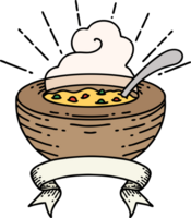 scroll banner with tattoo style bowl of soup png