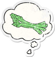 cartoon asparagus with thought bubble as a distressed worn sticker png