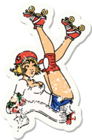 distressed sticker tattoo in traditional style of a pinup roller derby girl with banner png