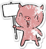 distressed sticker of a happy cartoon pig with sign post png