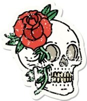 distressed sticker tattoo in traditional style of a skull and rose png