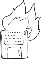 hand drawn black and white cartoon old computer disk burning png