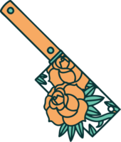 iconic tattoo style image of a cleaver and flowers png