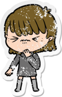 distressed sticker of a cartoon girl regretting a mistake png
