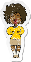 retro distressed sticker of a cartoon screaming woman png