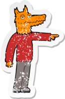 retro distressed sticker of a cartoon fox man pointing png