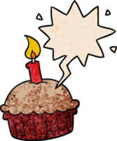 cartoon birthday cupcake with speech bubble in retro texture style png