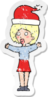 retro distressed sticker of a cartoon woman wearing xmas hat png