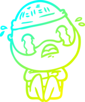 cold gradient line drawing of a cartoon bearded man crying png