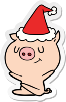 happy hand drawn sticker cartoon of a pig wearing santa hat png