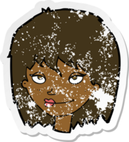 retro distressed sticker of a cartoon smiling woman png